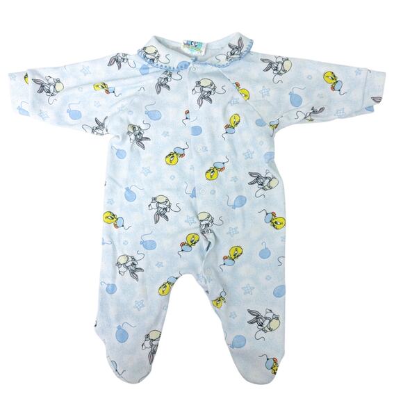 Vintage Baby Looney Tunes Tweety Bugs Bunny Footed Bodysuit Blue - 0-3 Months - Picture 1 of 8